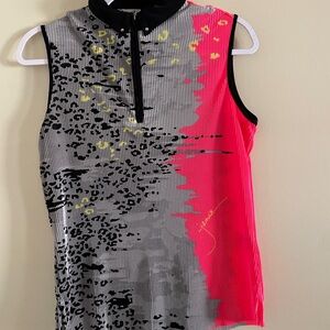 Jamie Sadock Neon Pink, Gray & Black Zip-Front Sleeveless Golf Tank